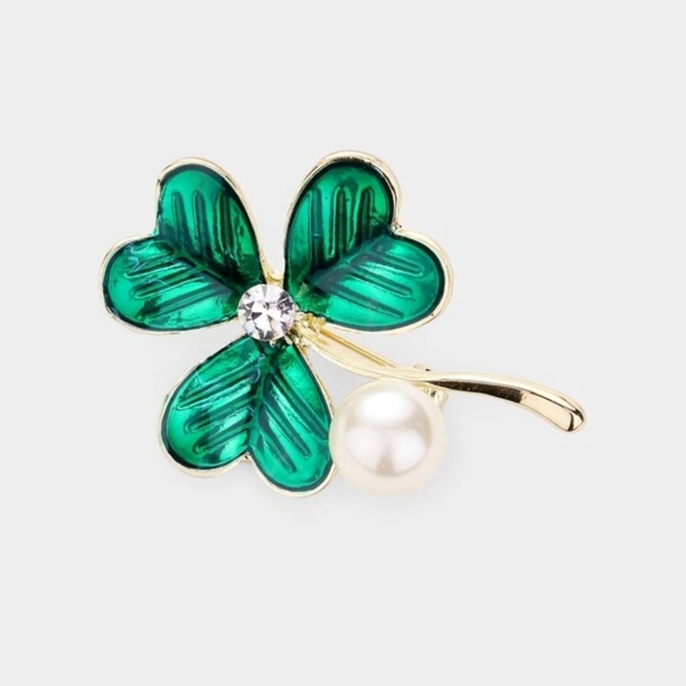 Green Gold Rhinestone Pearl Three Leaf Clover Brooch Pin Shamrock Patricks